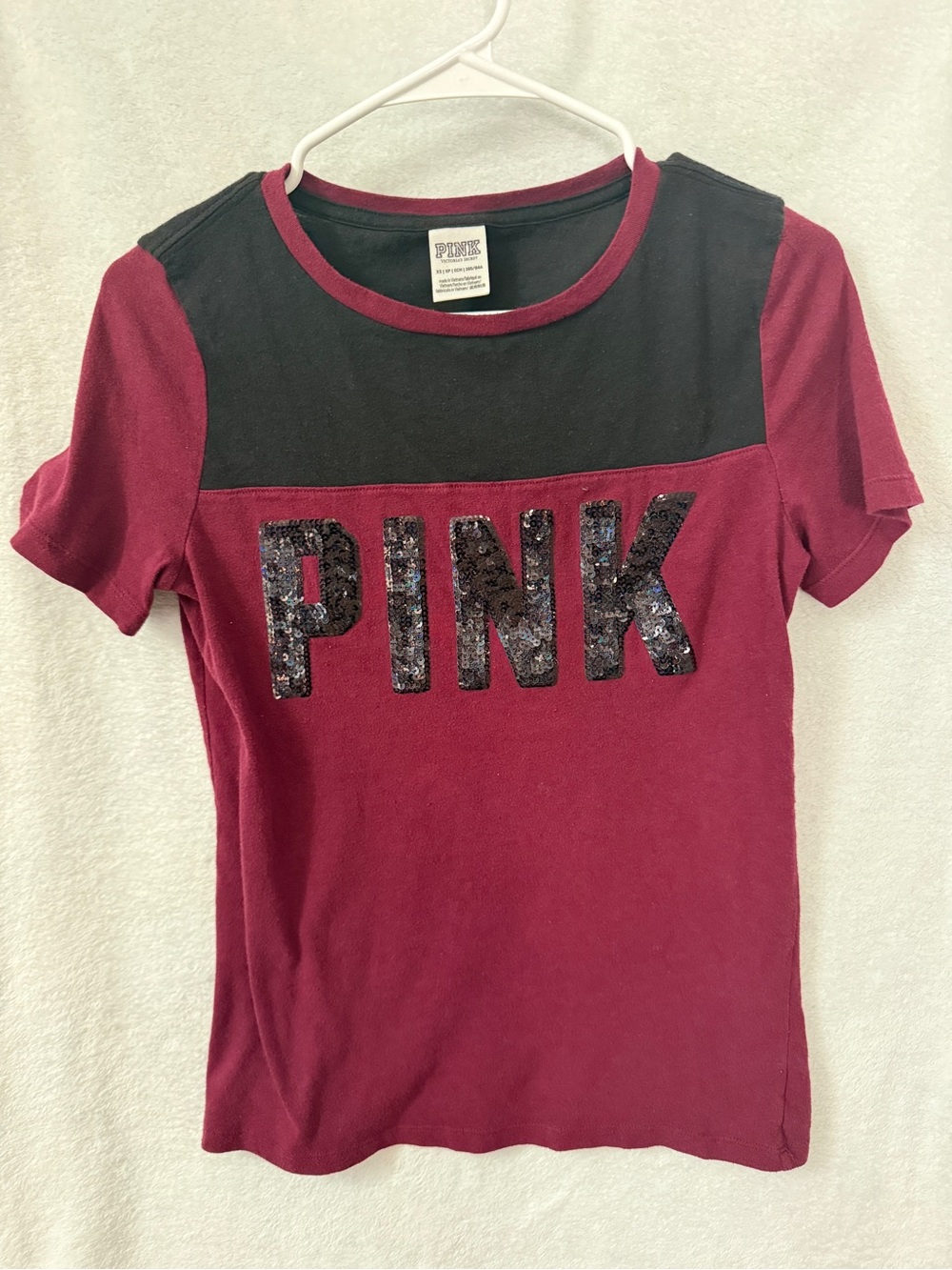 Victoria's Secret PINK Maroon Short Sleeve Top with Black Yoke and Sequin Logo